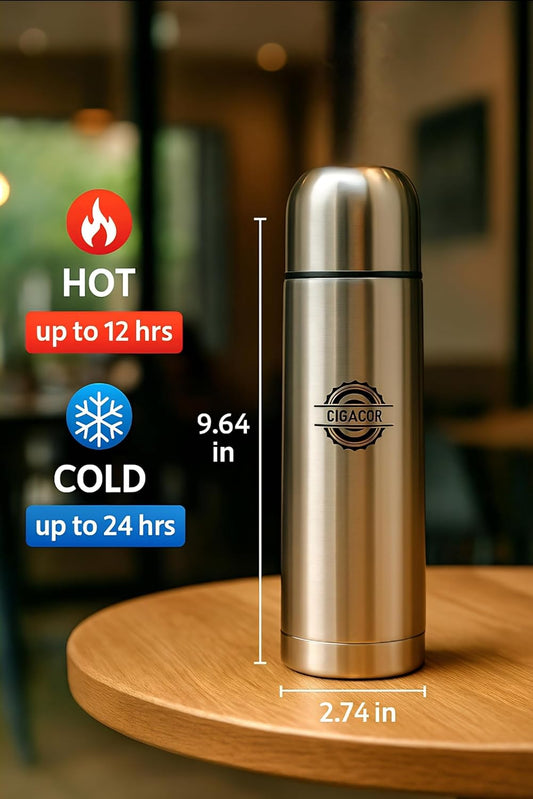 CIGACOR Stainless Steel Insulated Bottle – 17oz Coffee Travel Mug – Keeps Drinks Hot for 12 Hours & Cold for 24 – Leakproof Lid – Fits Car Cup Holders – Ideal for Office, Gym & Travel