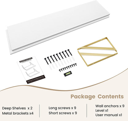 Floating Shelves for Wall, 12 Inch Deep Floating Shelves Set of 2, 55W x 12D Large Wall Shelf with Sturdy Metal Brackets for Living Room, Bathroom, Bedroom and Kitchen, White with Gold Bracket