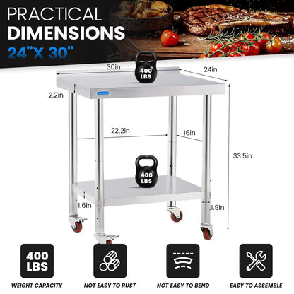 Stainless Steel Table for Prep & Work with 4 Caster Wheels with Backsplash 24 x 30 NSF Metal Commercial Kitchen Adjustable Under Shelf Worktable for Restaurant Home Outdoor