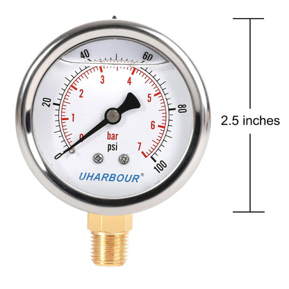 Glycerin Filled Pressure Gauge 100psi/7bar, Stainless Steel case, Brass Inside Construction, 2-1/2" dial, 1/4" NPT Rear Connection.