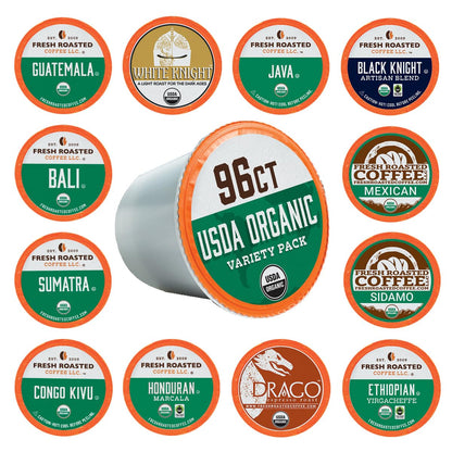 Fresh Roasted Coffee, USDA Organic Variety Pack | 96 Pods for K Cup Brewers