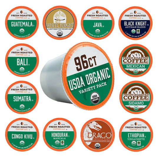 Fresh Roasted Coffee, USDA Organic Variety Pack | 96 Pods for K Cup Brewers
