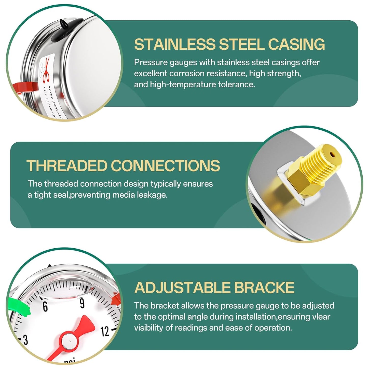 0-15psi Stainless Steel Glycerin Liquid Filled Pressure Gauge 1/8" NPT 1.5" Face Dial, Center Back Mount, for Water, Oil and Air Pressure Testing (with Range Mark Pointer)