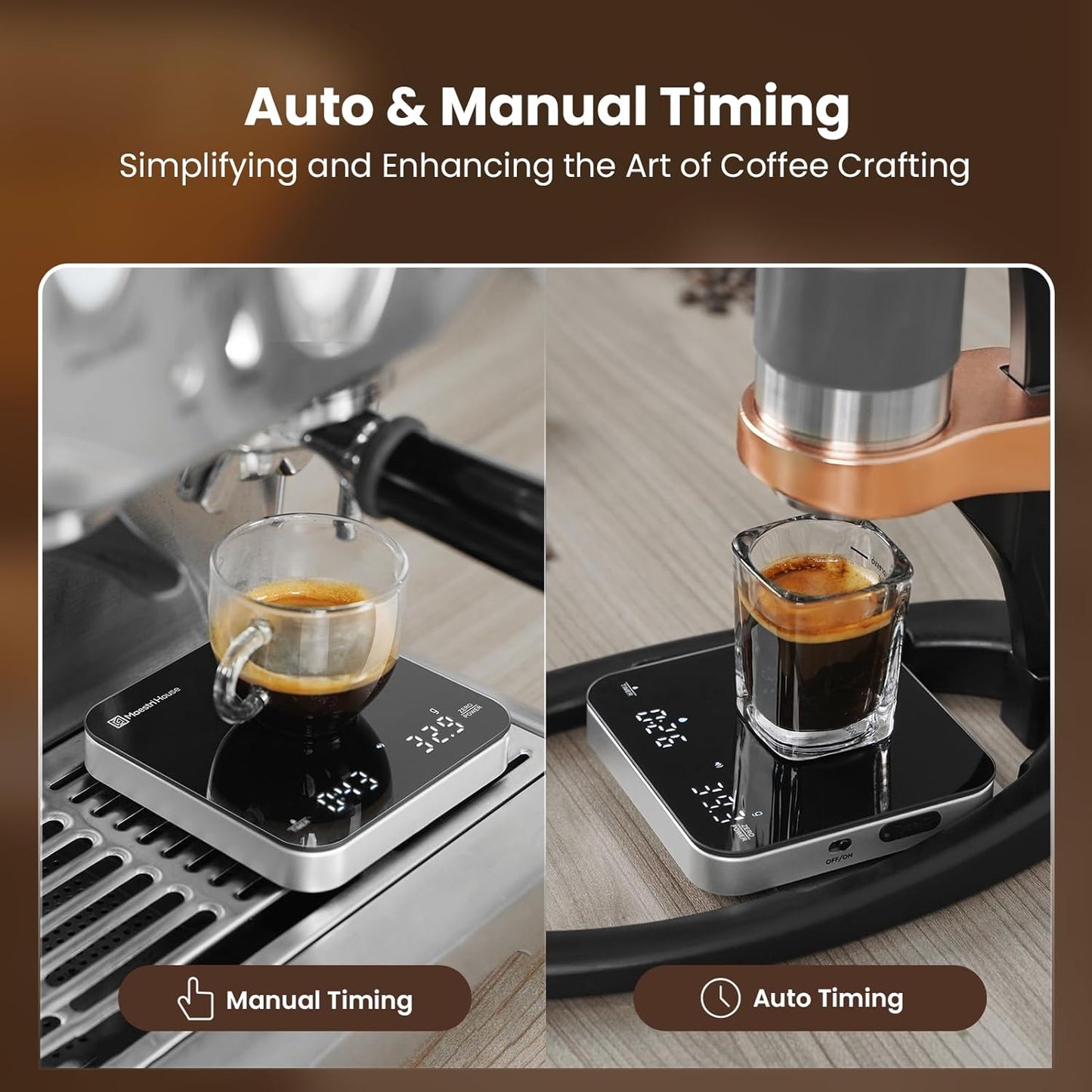 Rechargeable Mini Coffee Scale with Timer, Maestri House Espresso Scale, 2kg/0.1g Accurate Scale for Espresso and Pour-Over Coffee, Portable Digital Kitchen Scale with Automatic Timing（Black&Silver）