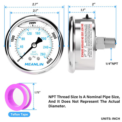 MEANLIN MEASURE 0~4000Psi Liquid Filled Pressure Gauge Stainless Steel with 316 Stainless Steel Joint 1/4" NPT 2.5" FACE DIAL for WOG Water Oil Air Center Back Mount