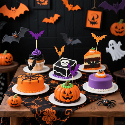 YQUQWN 24 PCS Halloween Black Orange Purple Glitter Bat Cupcake Decorations, Halloween Cupcake Selection, Suitable for Children's Birthday Party, Theme Party, Baby Shower Event Decoration Supplies