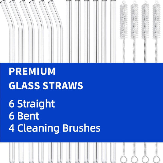 16 Pack Reusable Glass Straws,SIZE(8.5''x10 MM)，Set of 6 Straight and 6 Bent with 4 Cleaning Brush,Perfect for Smoothies,Tea, Juice