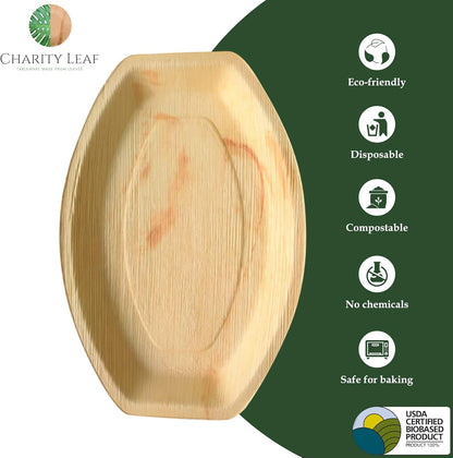 Charity Leaf Disposable Palm Leaf 13" x 9" Trays (25 pieces) Bamboo Like Serving Platters, Disposable Boards, Eco-Friendly Dinnerware For Weddings, Catering, Events
