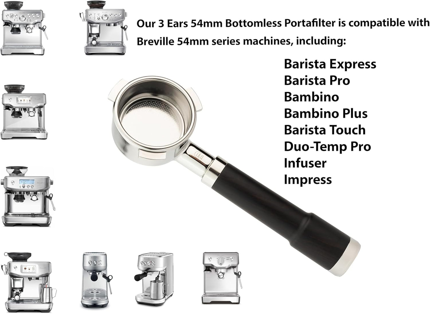 LILQ 54mm Naked Bottomless Portafilter Compatible with Breville Barista Express, Barista Pro, Bambino, and More – 18-20g basket included (Rosewood Smooth, 54mm)