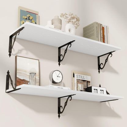 RICHFOCUS 12 Inch Deep Floating Shelves for Wall, 39" W x 12" D Wood Wall Shelves Set of 2, Wide Floating Shelves for Living Room, Bedroom, Kitchen, Bathroom and Decor Storage, White