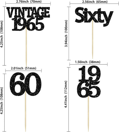 Gyufise 24Pcs Vintage 1965 Cupcake Toppers Cheers to 60 Fabulous Sixty Cupcake Picks Decorations for 60th Birthday Wedding Anniversary Party Cake Decorations Supplies Black