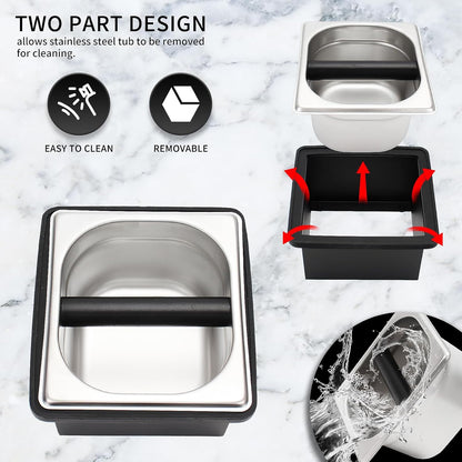Espresso Knock Box,Stainless Steel Coffee Pucks Container, with Steel Holder and Noise Reduction Rubber Ring (7.28 x 6.8 x 4.25 inch)