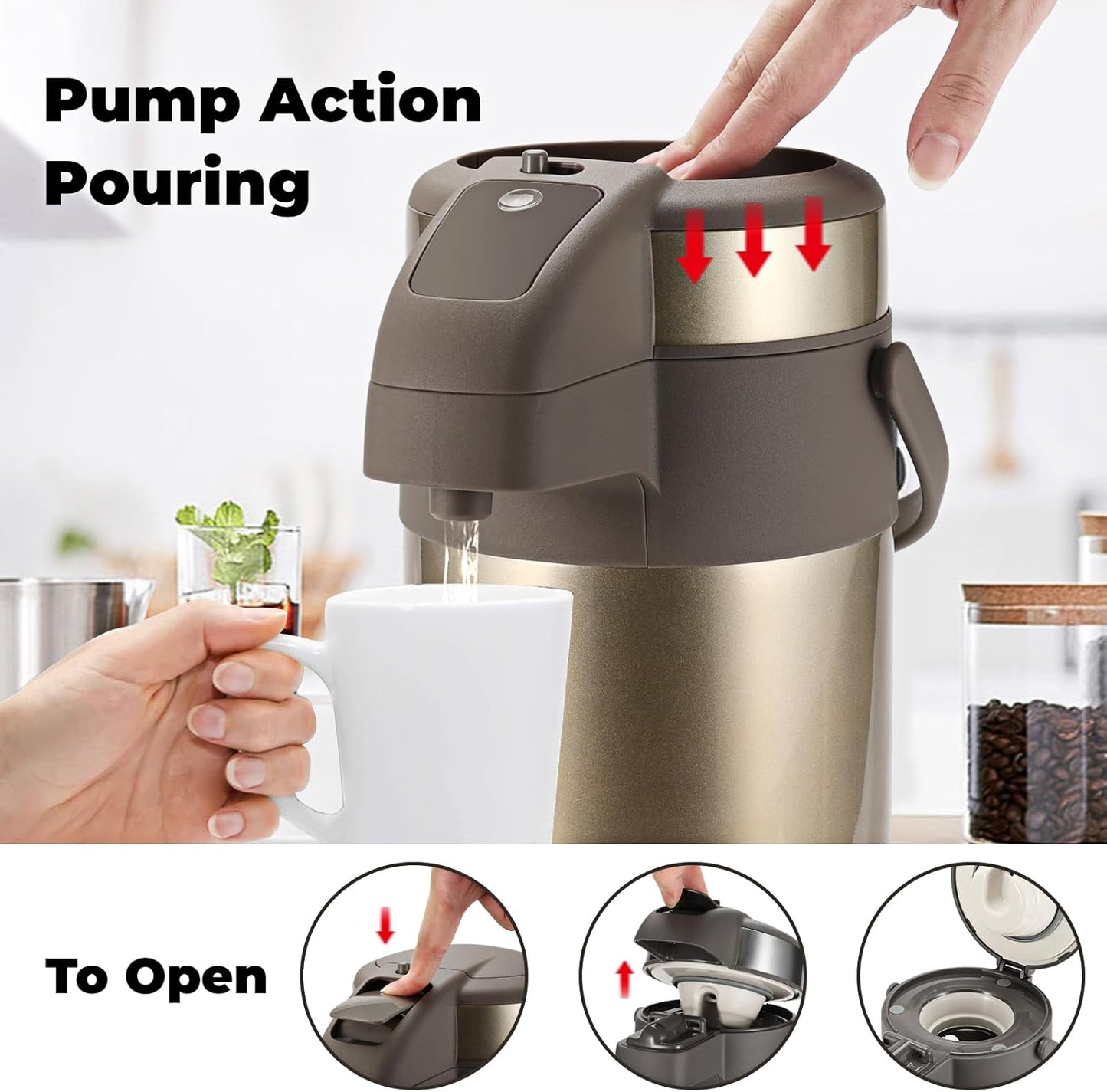 OJOJ 3L/101OZ Thermal Coffee Carafe with Pump, Thermal Beverage Dispenser, Coffee Airpot Stainless Steel Coffee Carafe for Hot Drinks Gold