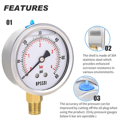 0-60 Psi Glycerin Liquid Filled Low Pressure Gauge, 2.5" Dial Size, 1/4" NPT Lower Mount, 304 Stainless Steel Case, for Water Oil Air Pressure Test, Refrigeration Systems(Such as Evaporators)