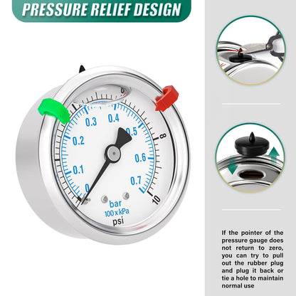 0-10PSI Stainless Steel Liquid Filled Pressure Gauge, 2.5" Dial Size, 1/4" NPT Back Mount, for Tube, Water Pump, Gas, Liquid, Pressure Test (with Range Mark Pointer)