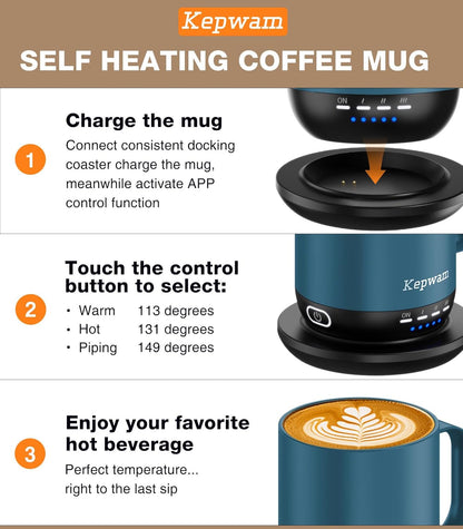 Self Heating Coffee Mug T1-16oz Fast Heating & Ultra Long-Lasting Battery Life, Heated Coffee Mug Up to 149℉ - Touch & App Controlled Coffee Mug, Birthday Gifts for Women and Men