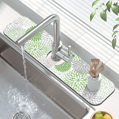 Findosom 2PCS 12" x 20" Dish Drying Mat & 24" x 5.5" Sink Splash Guard, Super Absorbent & Cuttable Dish Mat Drying Kitchen Mat with Green Floral, Hide Stain Drying Mat for Kitchen Counter