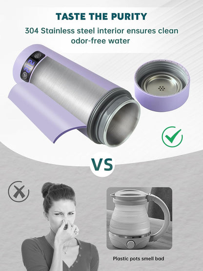 balbali Dual Voltage Travel Kettle 100-250V - 12oz Portable Water Boiler/Warmer/Heater for Boiling Water - 4 Preset Temperature Control Portable Tea Kettle Electric Travel - Purple