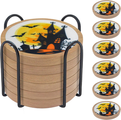Halloween Coasters Set of 6, Unique Coaster, Minacun Absorbent Coasters with Holder Halloween Thanksgiving Themed Party Decoration 4.3 Inch