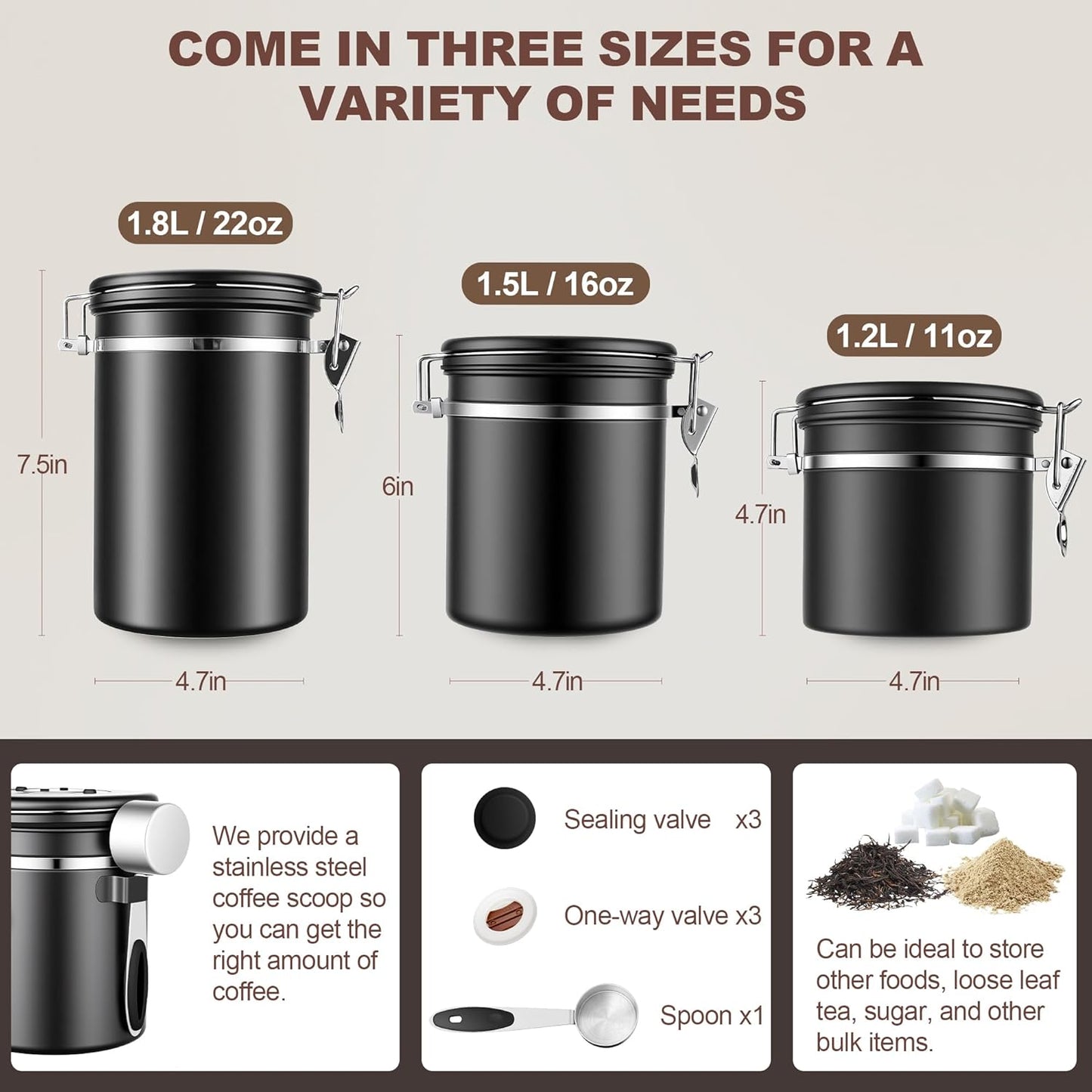 ShanSon Coffee Canister Airtight Coffee Container Stainless Steel Coffee Bean Storage Container with Scoop Coffee Canister for Beans Grounds Sugar Flour Tea Cereal,11OZ, Black