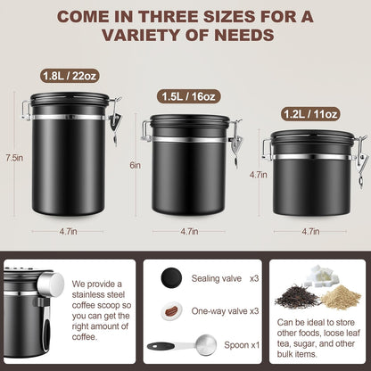 ShanSon Coffee Canister Airtight Coffee Container Stainless Steel Coffee Bean Storage Container with Scoop Coffee Canister for Beans Grounds Sugar Flour Tea Cereal,11OZ, Black