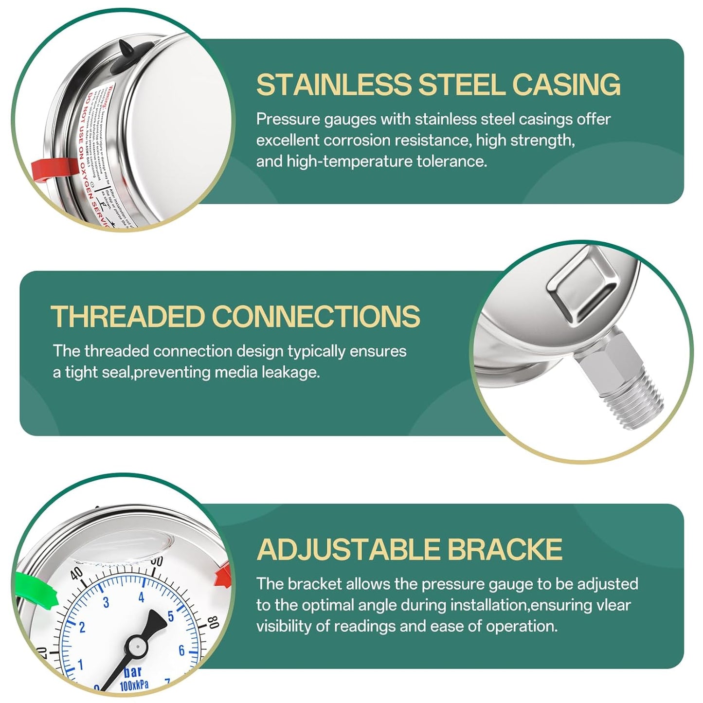 0-100PSI Stainless Steel Liquid Filled Pressure Gauge, 2.5" Dial Size, 1/4" NPT 316 Stainless Steel Joint, Lower Mount, for Tube, Water Pump, Gas, Liquid (with Range Mark Pointer)
