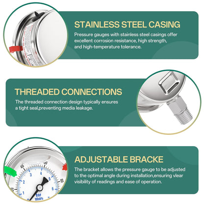 0-100PSI Stainless Steel Liquid Filled Pressure Gauge, 2.5" Dial Size, 1/4" NPT 316 Stainless Steel Joint, Lower Mount, for Tube, Water Pump, Gas, Liquid (with Range Mark Pointer)