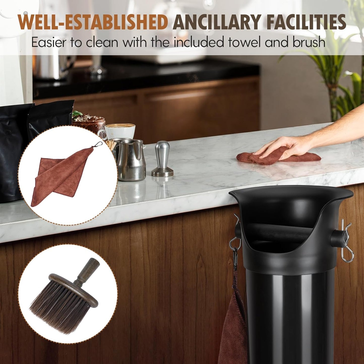 Knock Box for Espresso Grounds Commercial Floor-Standing Coffee Grounds Knock Box with Brush 18L Large Capacity Coffee Knockbox with Towel and Garbage Bags for Coffee Shops,Bar Home,Coffee lovers