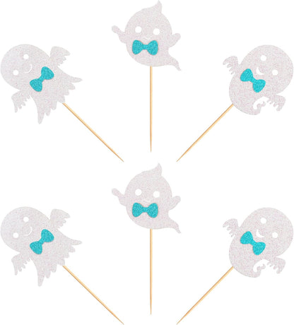 24Pcs Ghost Cupcake Toppers - Bule Halloween, Bule and White Halloween Birthday Decorations, Bule Halloween Baby Shower Decor, Ghost Decorations, Halloween Gender Reveal Decorations