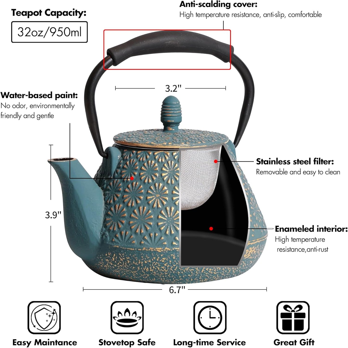 Cast Iron Teapot, 32oz Tea Kettle with Infuser for Stove Top, Sakura Blossom Pattern Japanese Tea Pot for Tea & Coffee Coated with Enameled Interior, Silicone Handle 950ml Blue