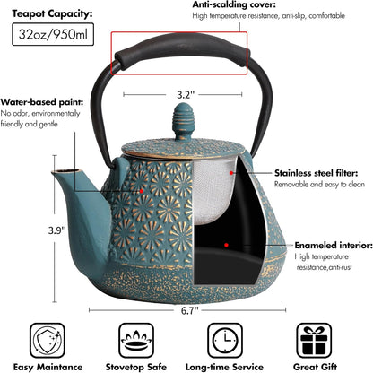 Cast Iron Teapot, 32oz Tea Kettle with Infuser for Stove Top, Sakura Blossom Pattern Japanese Tea Pot for Tea & Coffee Coated with Enameled Interior, Silicone Handle 950ml Blue