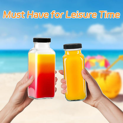 3 Pack 8oz Glass Juice Bottles with Lids, 250ml Reusable Glass Juicing Bottles, Square Drinking Jars Drink Containers with Caps for Water, Milk, Ginger, Kombucha, Beverages