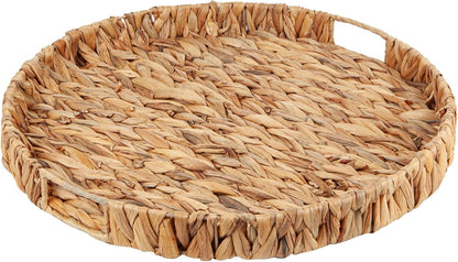 Round Ottoman Tray Large Wicker Serving Tray with Handles for Coffee Table, 18 Inch Handwoven Natural Water Hyacinth Tray