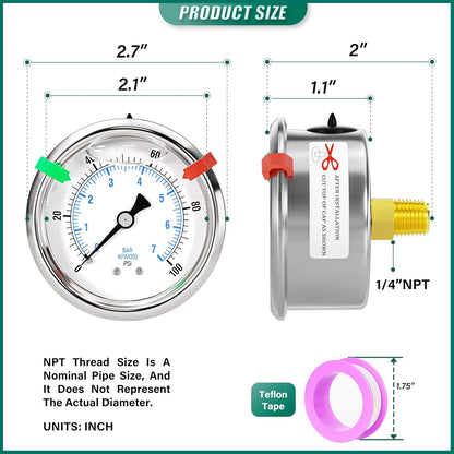 0-100psi Stainless Steel Glycerin Liquid Filled Pressure Gauge 1/4" NPT 2.5" Face Dial Center Back Mount, for Water, Oil and Air Pressure Testing (with Range Mark Pointer)