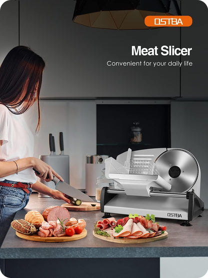 OSTBA Electric Deli Meat Slicer, 200W Food Slicer with 0-15mm Adjustable Thickness, 7.5” Removable Stainless Steel Blade & Food Carriage, Child Safety Lock, Easy to Clean - For Home Use