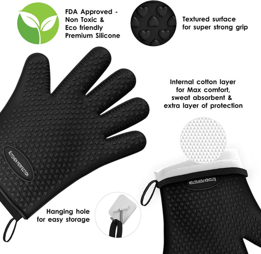 KITCHEN PERFECTION XL Silicone Smoker Oven Gloves -Extreme Heat Resistant BBQ Gloves -Handle Hot Food Right on Your Grill Fryer & Pit | Waterproof Oven Mitts Grill Gloves |Superior Value Set+3 Bonuses