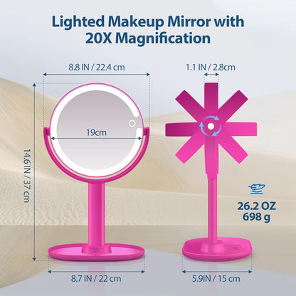 MIYADIVA Lighted Makeup Mirror, Type-C Rechargeable 20X Magnifying Mirror, 2-Sided Vanity Mirror with 3 Adjustable Lighting Modes, Focus on Detailed Makeup, Bathroom, Travel, Gift for Women Hot Pink