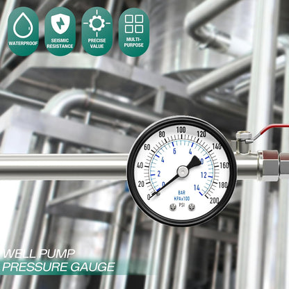 0-200psi Well Pump Pressure Gauge 1/4" NPT 2" Face Dial Size Back Mount, Multifunctional Practical Dry Pressure Gauge, for Water, Oil and Air Compressor
