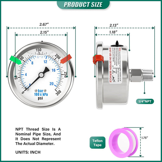 0-300PSI Stainless Steel Liquid Filled Pressure Gauge, 2.5" Dial Size, 1/4" NPT 316 Stainless Steel Joint, Back Mount, for Tube, Water Pump, Gas, Liquid (with Range Mark Pointer)