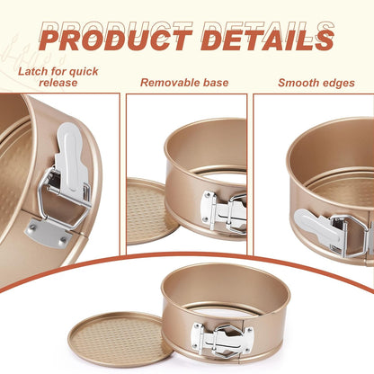 4 Pcs 6 Inch Non Stick Springform Pan with Removable Bottom Carbon Steel Round Springform Cheesecake Pan with Stainless Steel Spring Buckles for Baking Kitchens Restaurant(Champagne Gold)