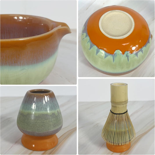 Matcha Whisk Set,6Pcs Matcha Kit Includes Matcha Whisk and Holder,Matcha Bowl with Spout,Matcha Sifter and 2Pcs Matcha Spoon,Suitable as a gift for those who like matcha (Gradient Orange)
