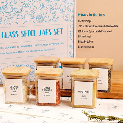 12 Pcs Square Glass Spice Jars with Natural Bamboo Lids - 5oz Airtight Herb Containers with 148 Waterproof Minimalist Spice Labels Preprinted - Empty Small Seasoning Jars for Kitchen Pantry