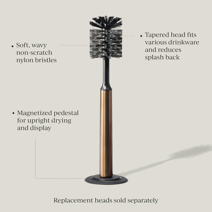 Ionic Bottle Brush, Magnetized to Stand Upright, Stainless Steel with Replaceable Head, Bronze
