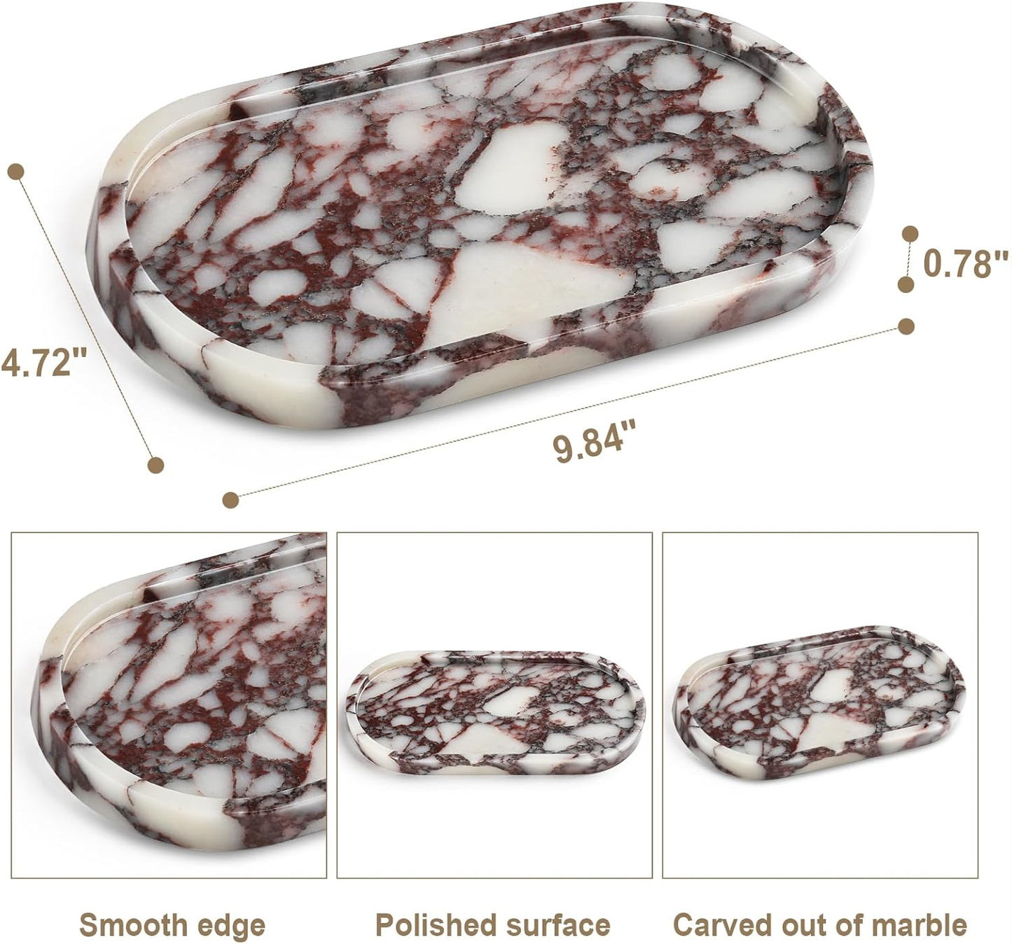 Natural Marble Vanity Tray - Moujings Genuine Marble Perfume Tray for Bathroom Decor, Stone Bathroom Vanity Organizer Tray for Kitchen Counter, Candles, Jewelry, Coffee, Makeup, Key