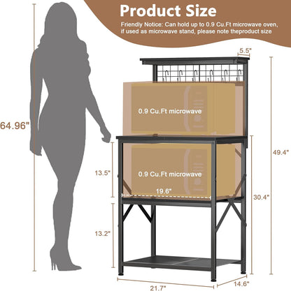 Furologee Kitchen Bakers Rack with Hutch, Coffee Bar Station 4 Tiers, Microwave Oven Stand with 6 S Hooks and Pegboard, Kitchen Microwave Rack for Spice Organizer Workstation, Black