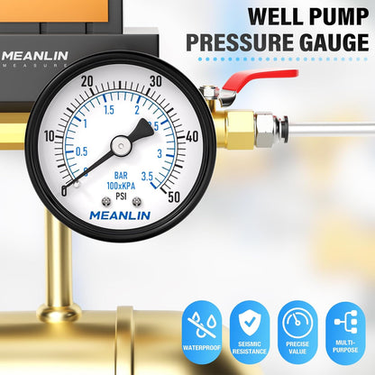 MEANLIN MEASURE 0-50Psi 2" DIAL FACE 1/8" NPT Well Pump Pressure Gauge, with 1/4" NPT and 3/8" NPT Hex Bushing, 3-2-3% Accuracy, Center Back Mount