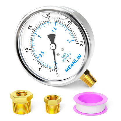 MEANLIN MEASURE 0~30Psi Stainless Steel 1/4" NPT 4" FACE DIAL Liquid Filled Pressure Gauge WOG Water Oil Air Lower Mount, with 1/2" NPT and 3/8" NPT Hex Bushing