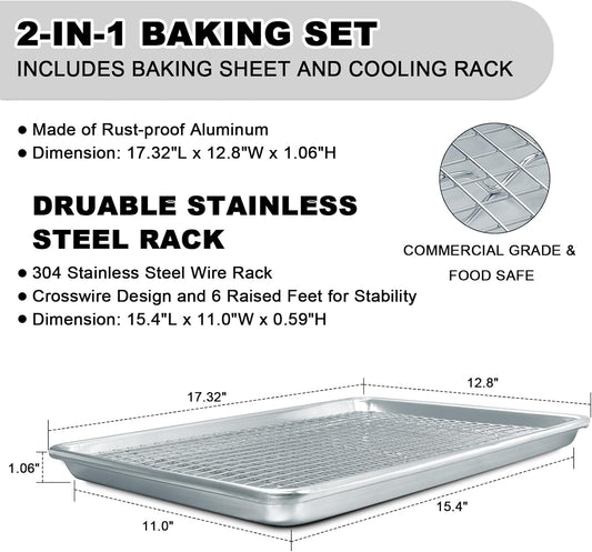 Half Sheet Pans with Rack Set, 18 Inch Commercial Quality Baking Sheet Pan Set, Natural Aluminum Cookie Sheet, Warp Resistant Nonstick Thick Cookie Tray Pans for Baking, Roasting