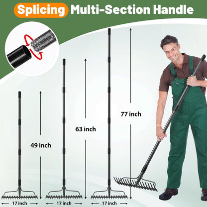 Garden Leaf Rake with 77 Inch Handle, Heavy Duty 17 Inch Wide Metal Garden Lawn Rake for Loosening Soil Raking Leaf Leveling Rocks Spreading Mulch Gravel, Rustproof Metal Bow Rakes Garden Tools