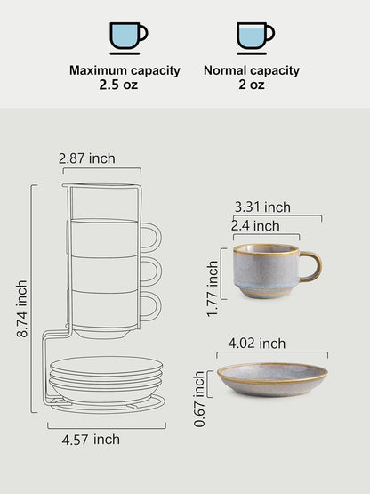 Gomakren 2.5 Ounce Espresso Cups Set of 4, Small Stackable Coffee Cups with Saucers and Metal Stand, Porcelain Demitasse Cups for Specialty Coffee Drinks, Espresso, Cappuccino, Latte, Tea, Gray